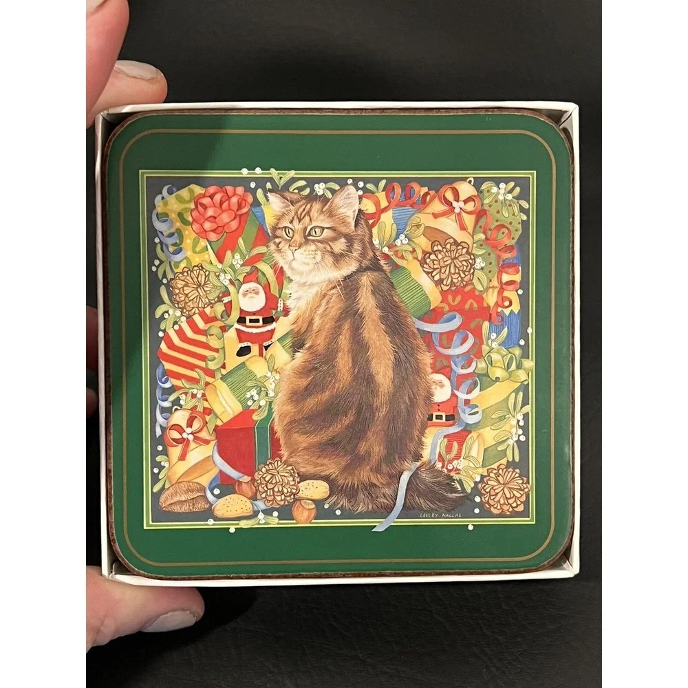 Pimpernel Christmas Cat Coaster Collection Cork Back ~ Boxed Set of 6